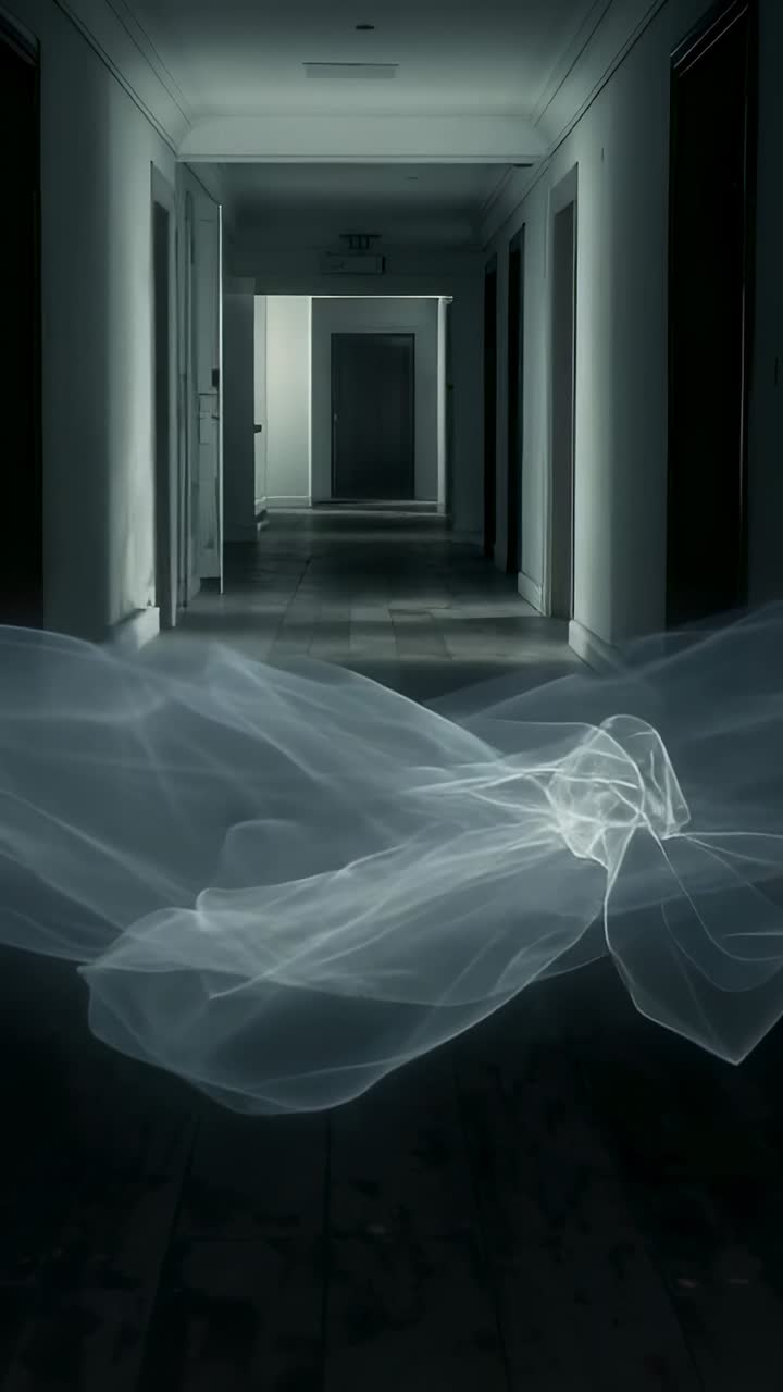 Vertical video: Emerging white light ribbon gliding across hallway floor, dissipating at right wall