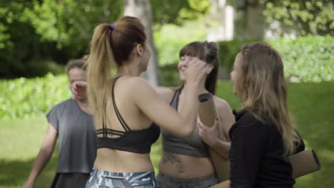 personas de yoga saludándose unas a otras en el parque