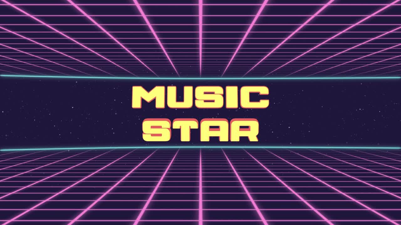 Titolo Star della Musica Animato in Stile Retro Futuristico Anni '80 '90. Quadrati animati e sfondo retrò.
