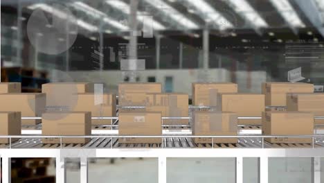 Animation-of-statistics-processing-over-cardboard-boxes-on-conveyor-belts-in-background