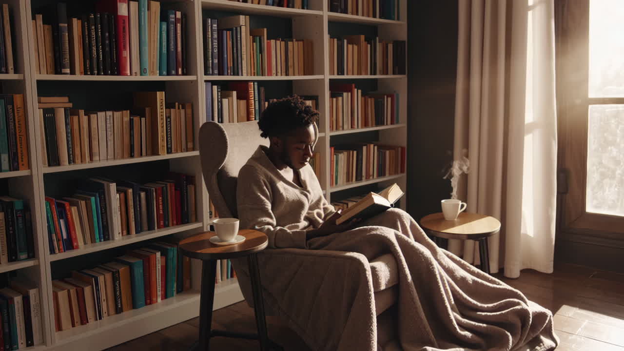 Woman Reading in a Cozy Library