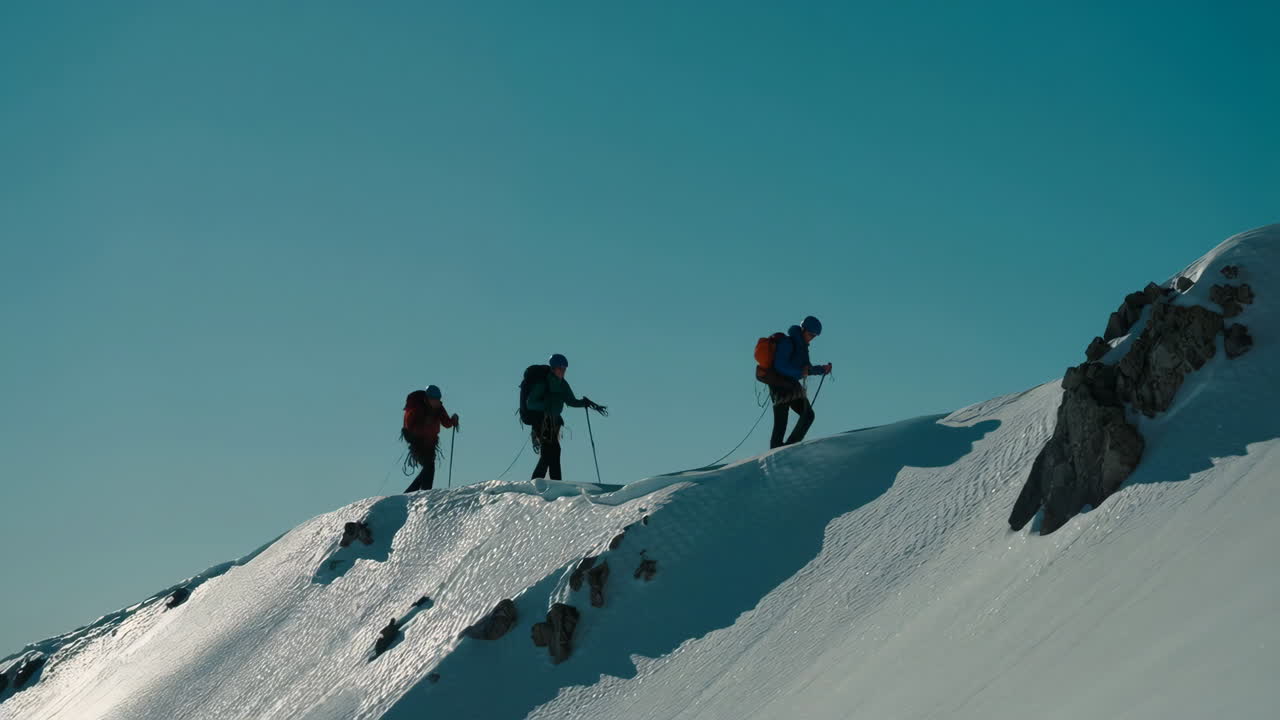 Three hikers ascending a snowy mountain ridge