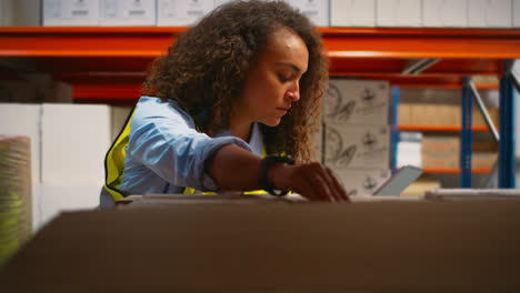 female worker with digital tablet in warehouse checking stock information on boxes on shelves