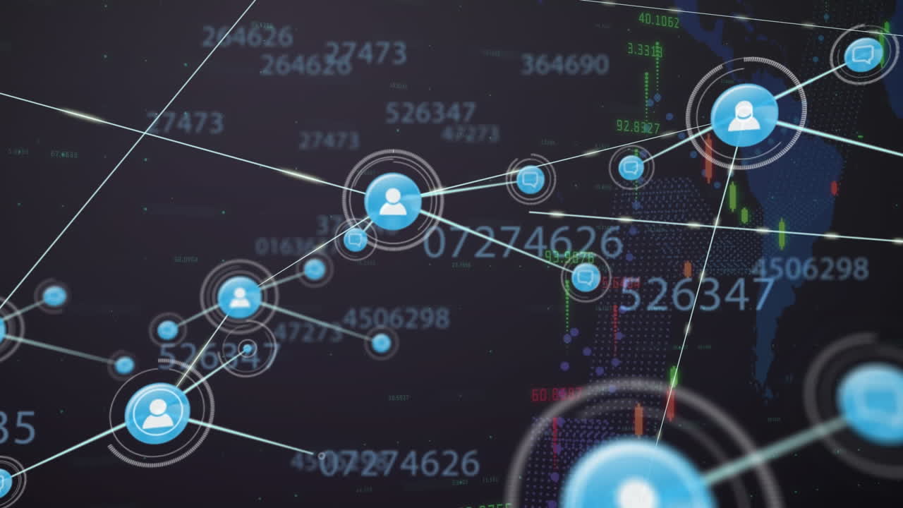 Animation of network of connections with icons and world map over financial data