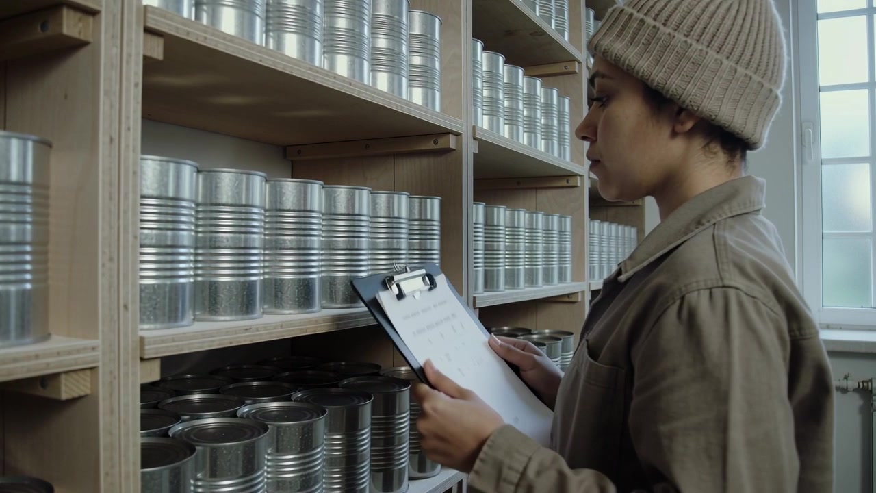 Entering right clerk checking can racks storage updating stock on clipboard khaki jacket