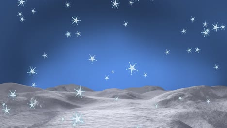 Animation-of-snowflakes-falling-over-snow-and-blue-background