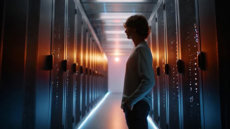 En person, der går gennem et digitalt datacenter, oplyst af omgivende lys, og udforsker den avancerede teknologi og de indviklede serveropsætninger i moderne infrastruktur