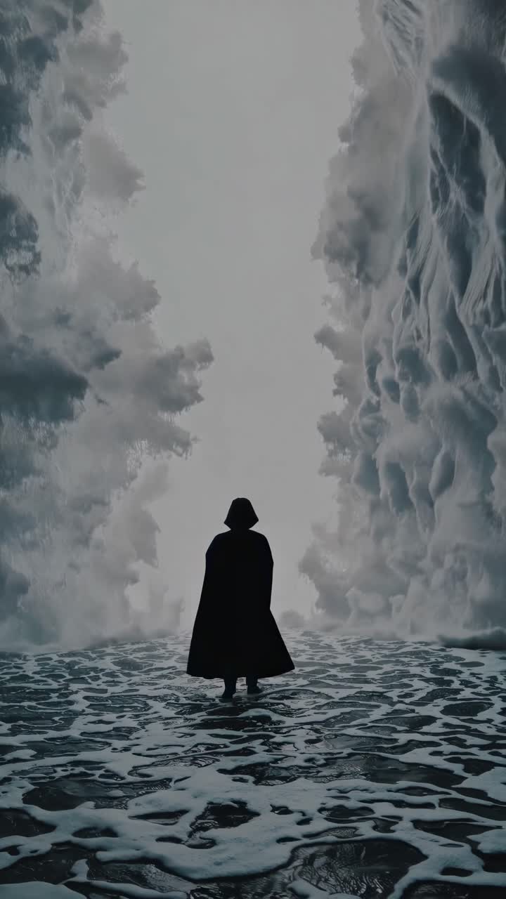 A mysterious figure in a cloak walks through a snowy path