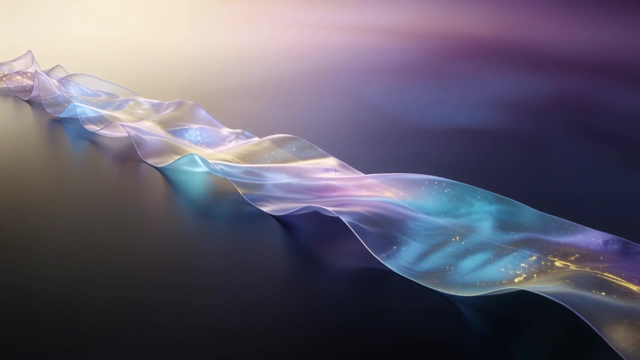 Rippling iridescent ribbon reacting to warm left light, flowing on glossy plane with gold flecks