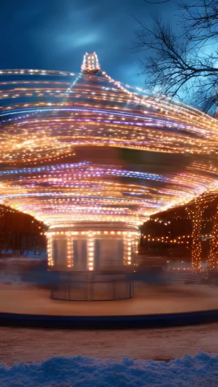 Captivating Spin of a Whirling Carnival Ride at Night, Illuminated by Colorful Lights and Surrounded by a Winter Wonderland, Creating a Magical Atmosphere Against a Dramatic Sky