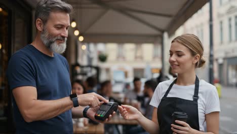 A man making a contactless payment with a card while a waitress assists him at a cafe, showcasing modern payment technology in a social dining environment