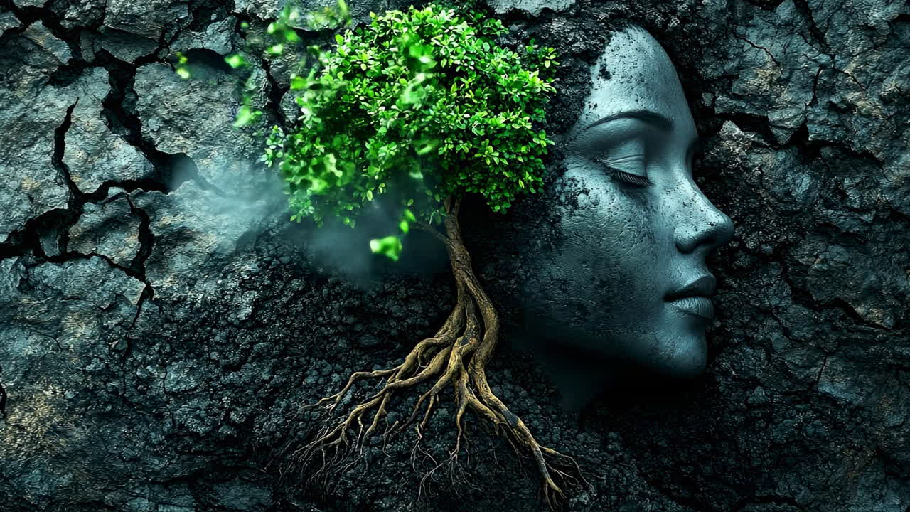Woman's face emerges from earthy ground. A woman's face blends with soil and roots, while a tree grows from her forehead, symbolizing nature and growth
