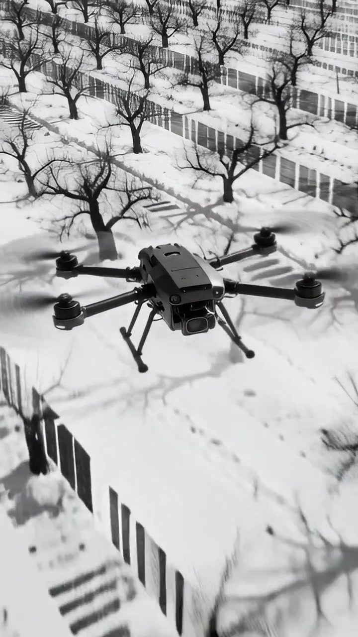 Vertical video: Spinning rotors launching hexacopter moving over snowy tree grid, scanning rows