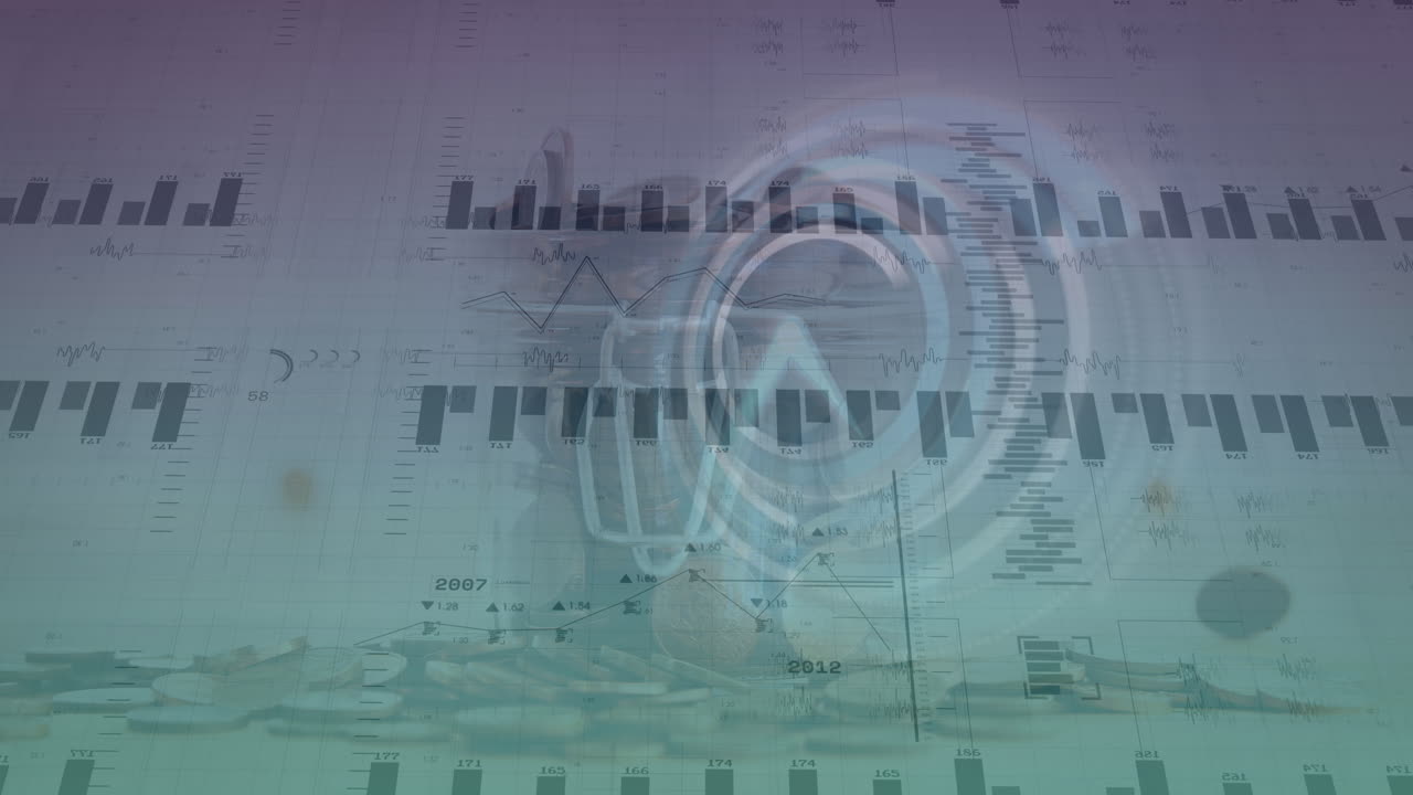 animación del procesamiento de datos financieros y el reloj que se mueve sobre monedas sobre fondo blanco