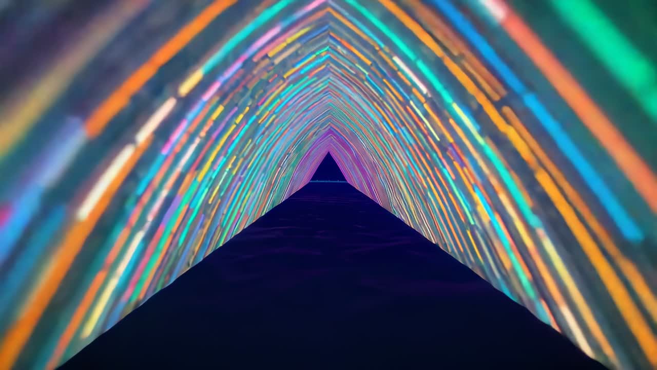 Moving camera through dark neonlit triangular corridor, pulsing rows cycling hues emphasizing depth