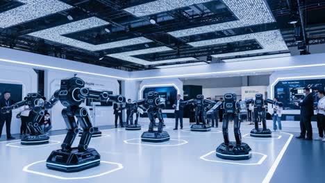 innovative showcase of advanced robotics: a glimpse into the future of automation with sleek, cutting-edge robot designs and engaging audience interaction