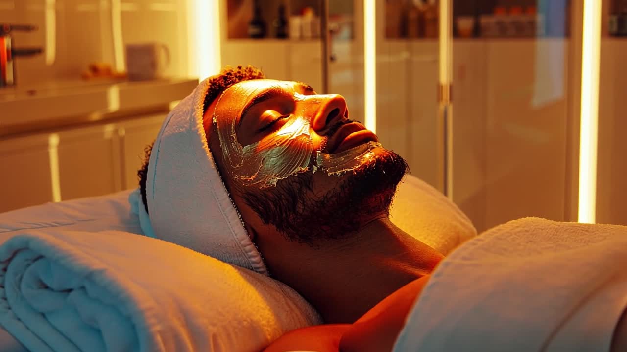 Man receiving a facial treatment with a face mask at a spa