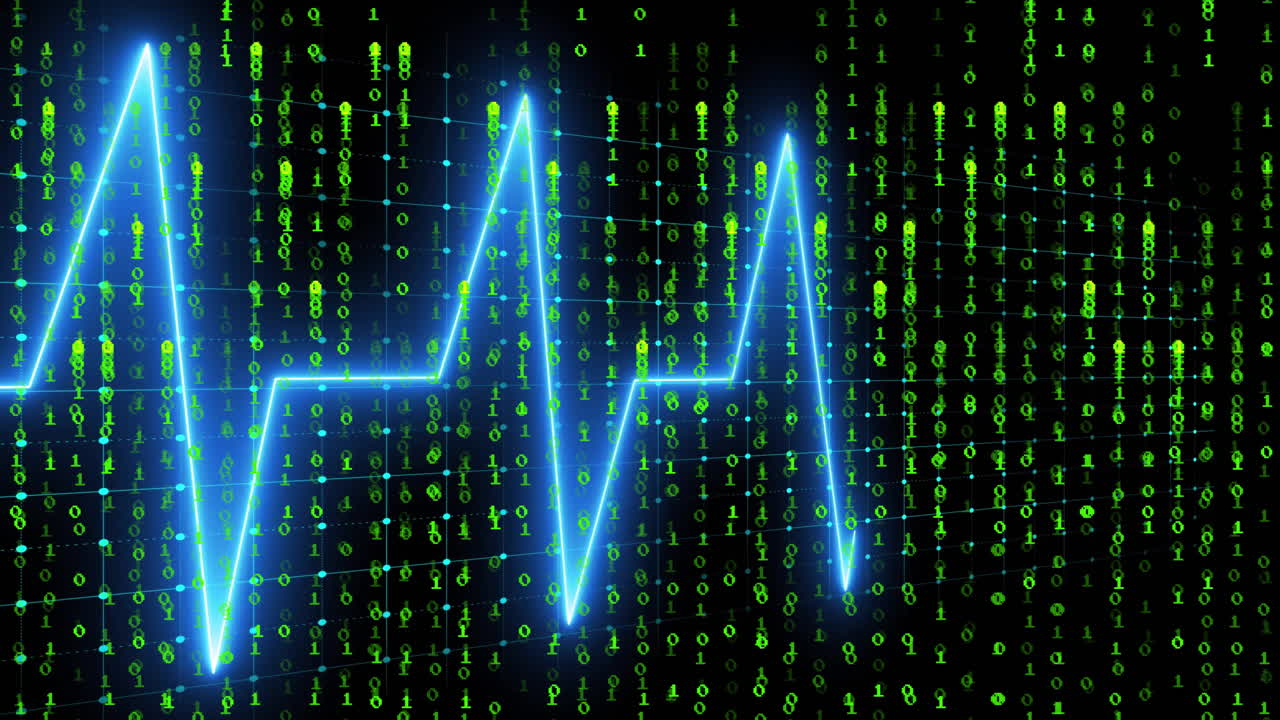 Animation of blue heartbeat line moving over green binary code background