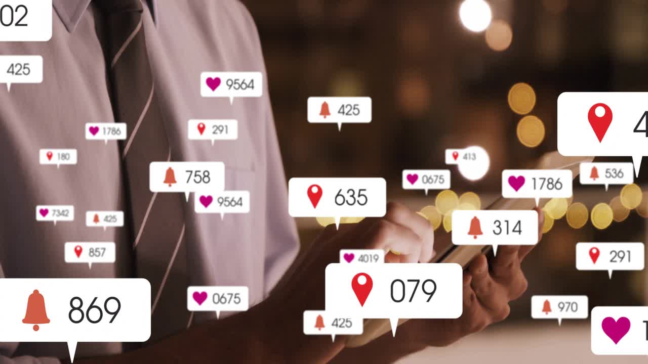 Businessman tapping tablet causing pins hearts bells swirling and showing rising engagement metrics