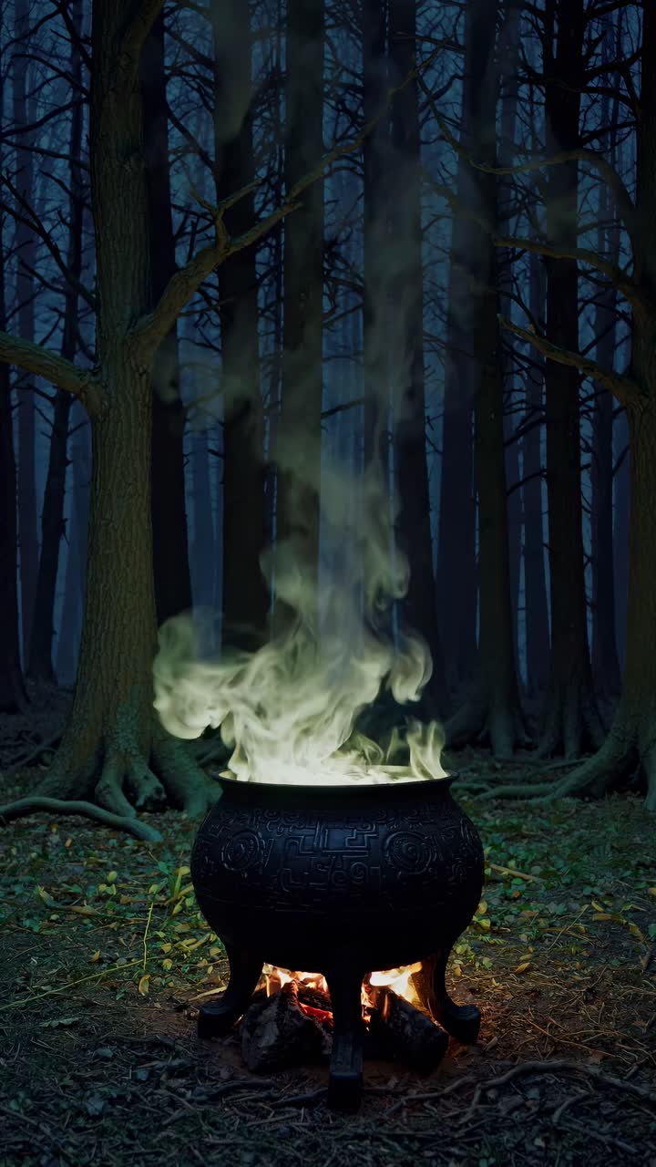 Scena video inquietante di un calderone fumante in una foresta oscura