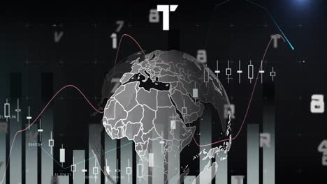 Animación-Del-Procesamiento-De-Datos-Y-Globo-Sobre-Diagrama-Sobre-Fondo-Negro