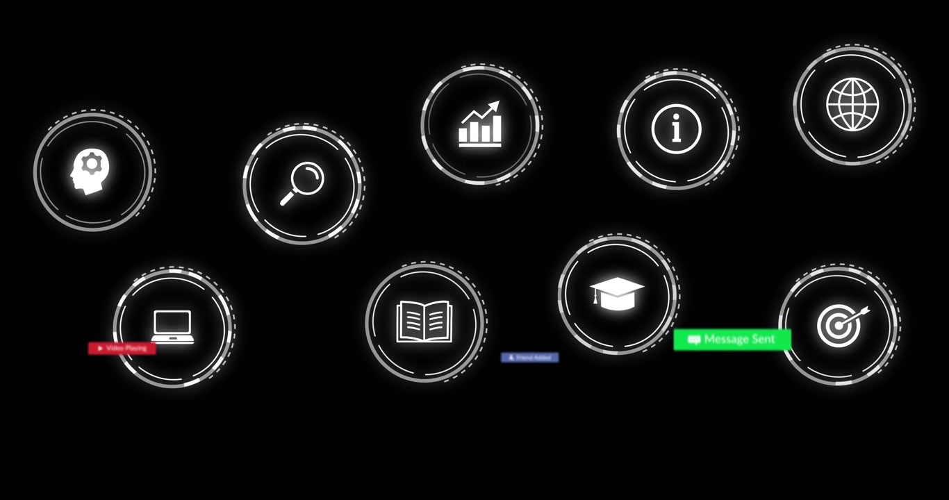 HUD icons animating on cursor click, badges popping and icons aligning into neat grid for clarity