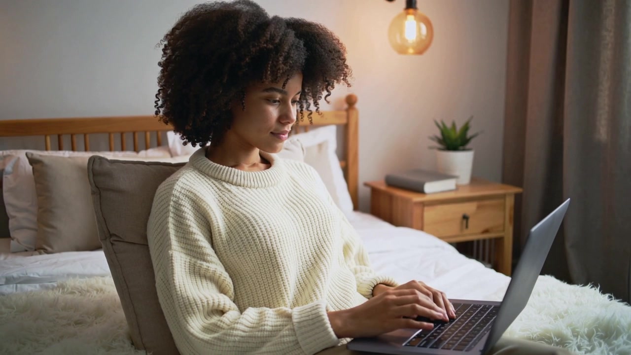 Typing woman in cream sweater working and replying on laptop against cushioned backrest, with lamp