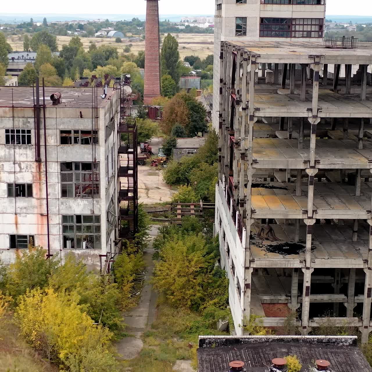 Old destroyed industrial building. Ruined broken city construction industry