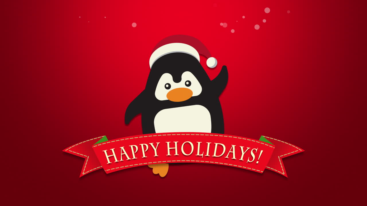 texto de felices fiestas con pingüino divertido ondeando sobre fondo rojo