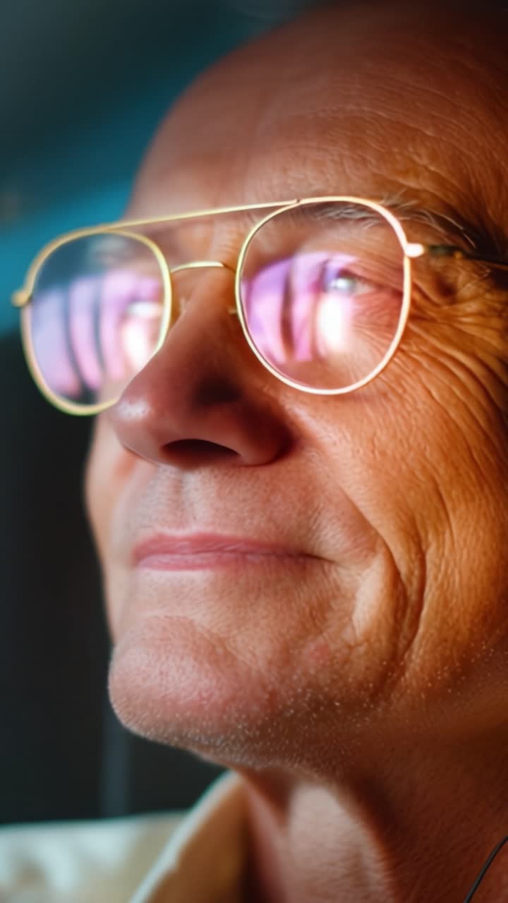 Retrato em Close-Up de um Homem Maduro com Óculos Estilosos, Exibindo Traços Faciais Detalhados e Expressão Pensativa Realçada por Lentes Reflexivas e Iluminação Suave