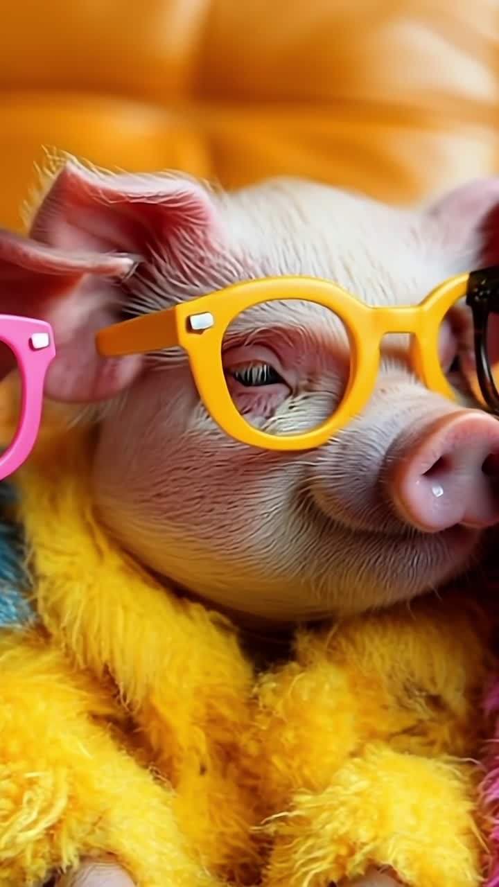 Pigs in glasses share cozy fun. Three pigs in colorful glasses and plush outfits sit on a bright couch, creating a playful vibe.