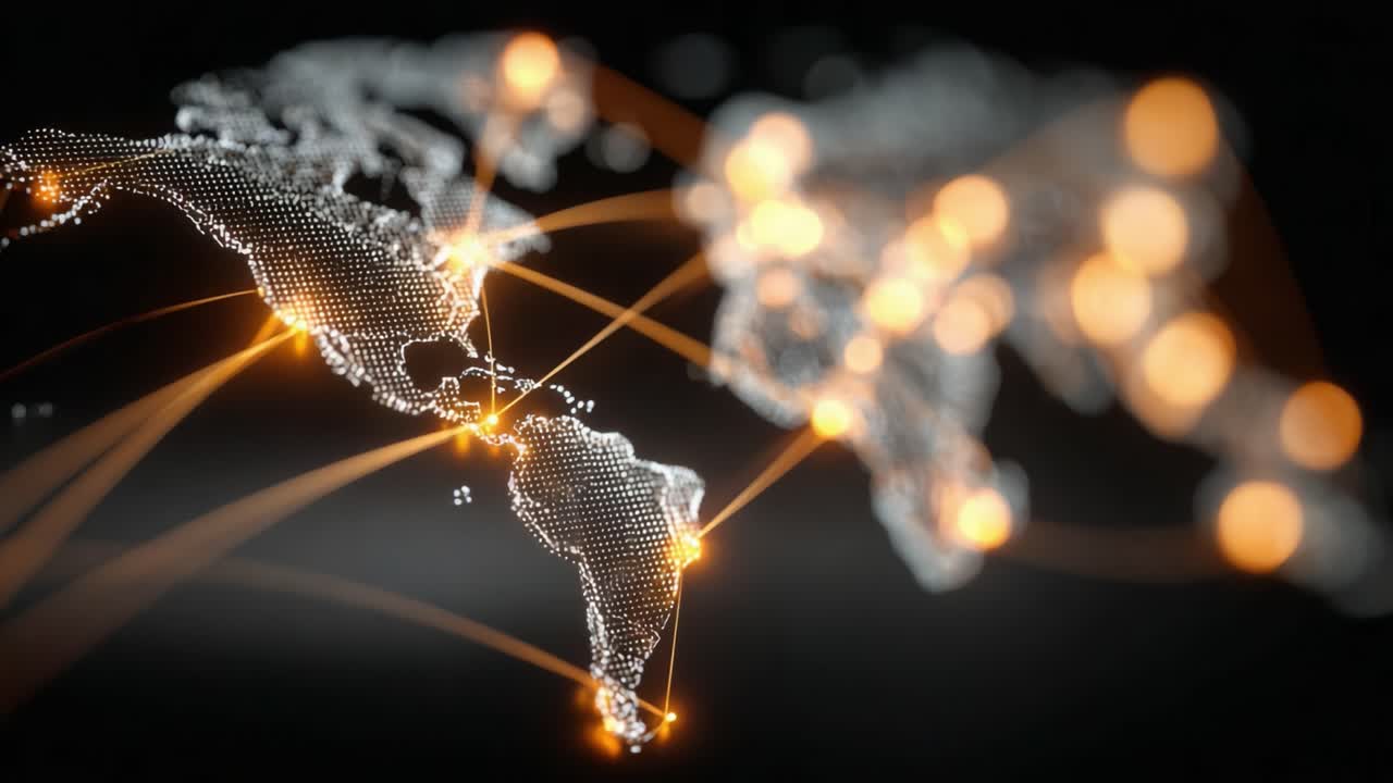Dynamic Global Connectivity Visualization Showcasing a Network of Interconnected Regions with Dots Representing Cities and Lines Indicating Communication or Transport Routes