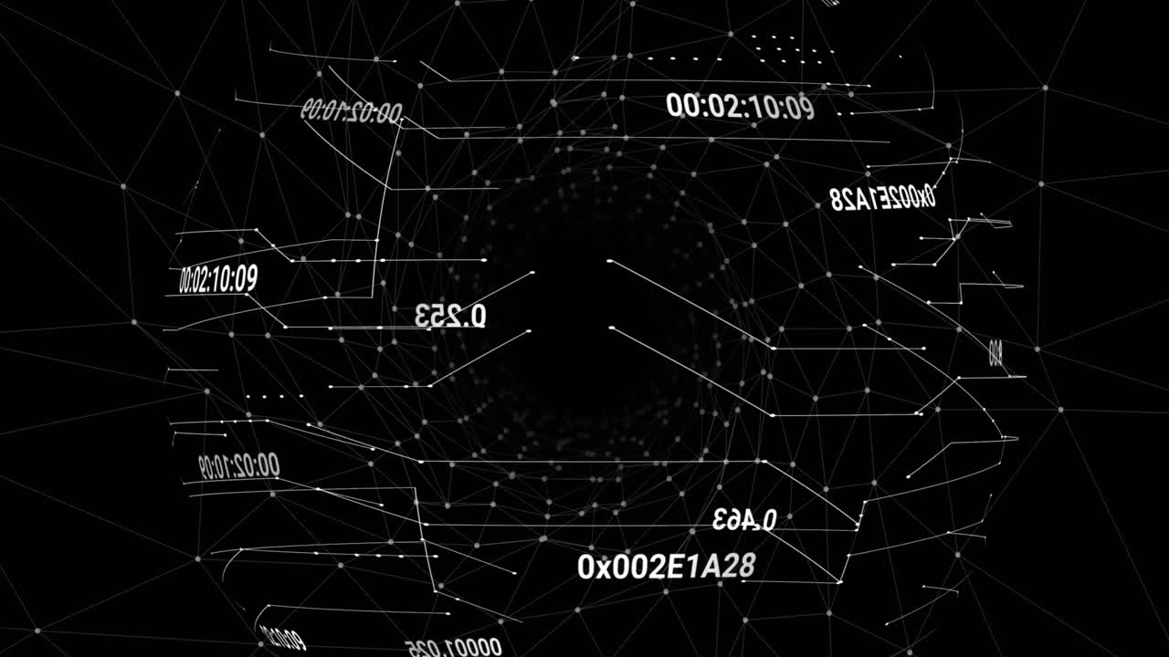 Animation of data processing over network of connections on black background