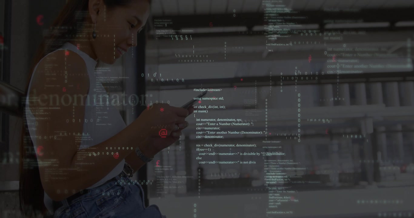 Woman tapping smartphone screen and scrolling messages in warehouse while code overlay intensifying