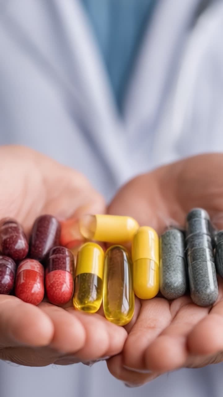 A Diverse Collection of Dietary Supplements Displayed in Hands, Featuring Various Colors and Shapes of Capsules and Vitamins, Highlighting Health and Wellness Options