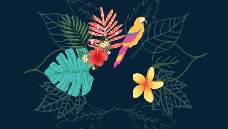 Animation-of-tropical-leaves-and-parrot-on-dark-blue-background