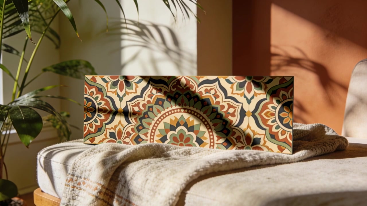 Luce solare che si sposta attraverso la finestra, muovendo le ombre delle foglie delle piante su un pannello mandala su un divano letto, riscaldando la casa.