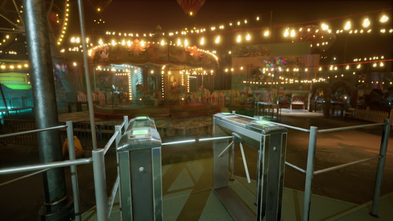 Empty amusement park at night with lit attractions and closed gates