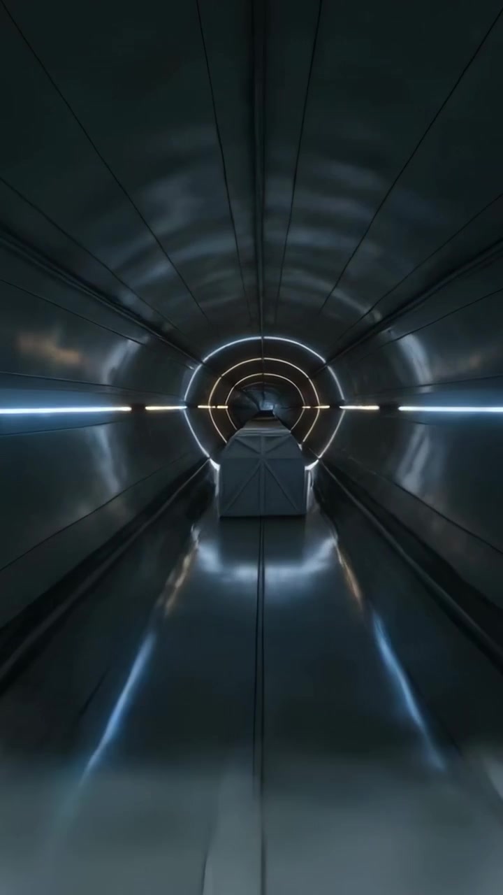 Vertical video: Cart starting, cargo crate moving through metal tunnel with lit rings for transit