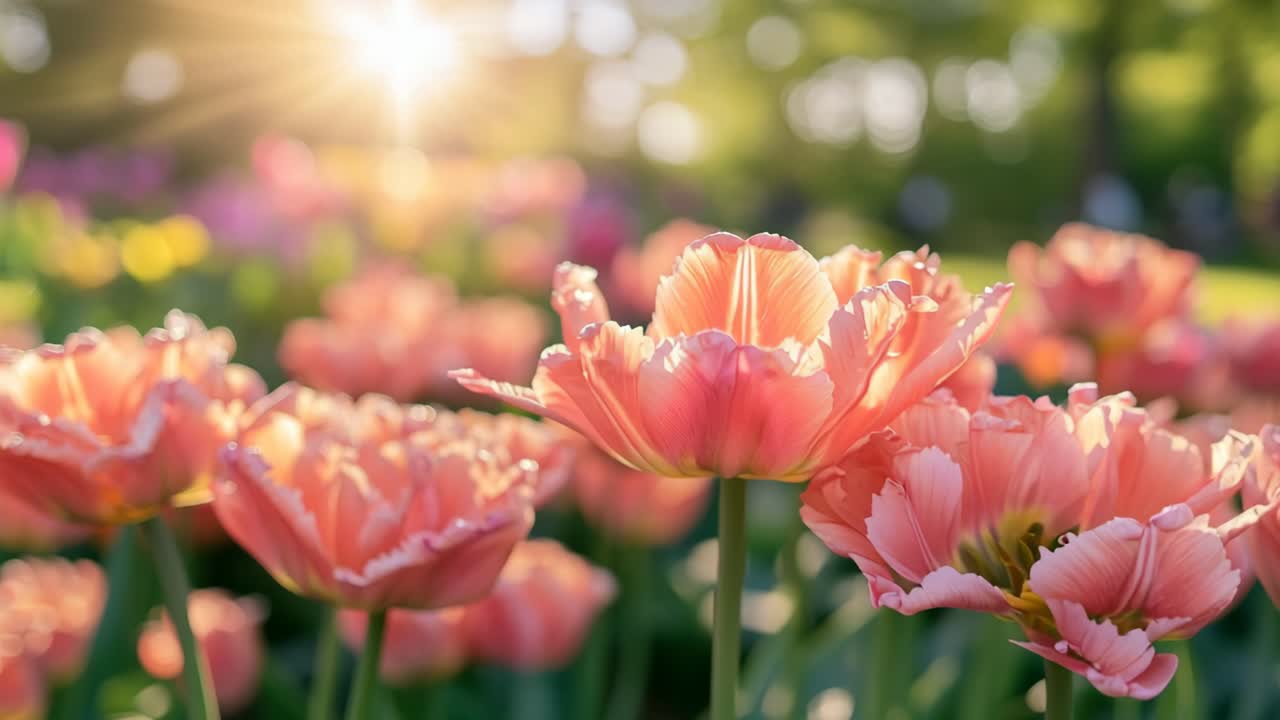 Low-angle video of vibrant pink tulips in a sunlit garden, capturing a dreamy, serene atmosphere