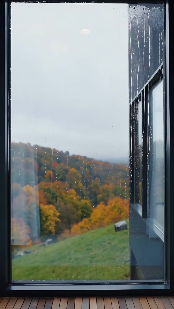 Vertical video: Showing rain beginning, glass collecting raindrops as camera shifting at home
