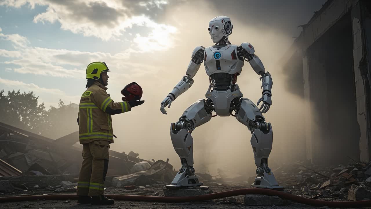 A Brave Robot Firefighter Stands Ready for Action Amidst the Ruins of a Devastated Scene, Showcasing Advanced Robotics and Human Collaboration in Emergency Response