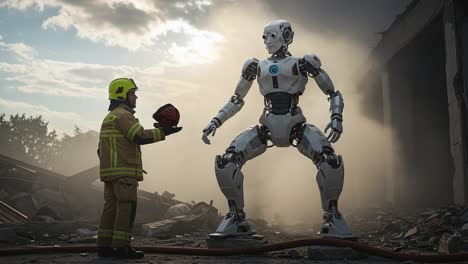 a brave robot firefighter stands ready for action amidst the ruins of a devastated scene, showcasing advanced robotics and human collaboration in emergency response
