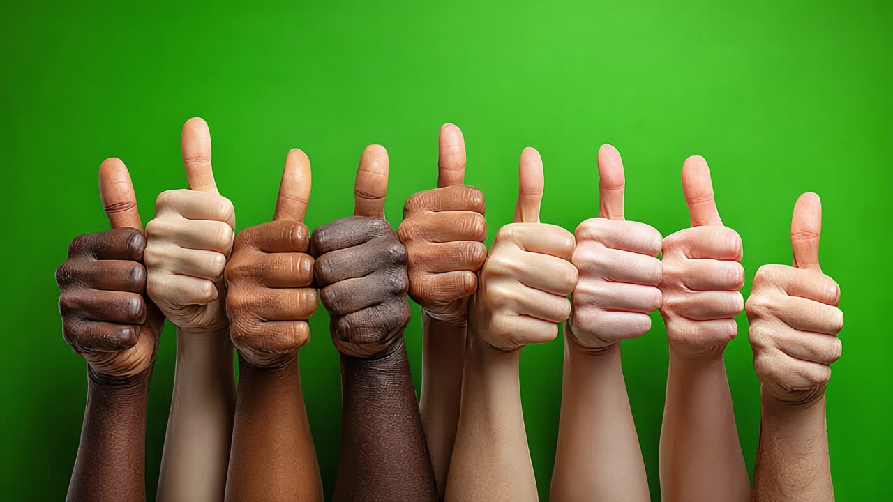 A Unified Display of Approval: Diverse Hands Giving Thumbs Up Against a Vibrant Green Background, Symbolizing Positivity and Support