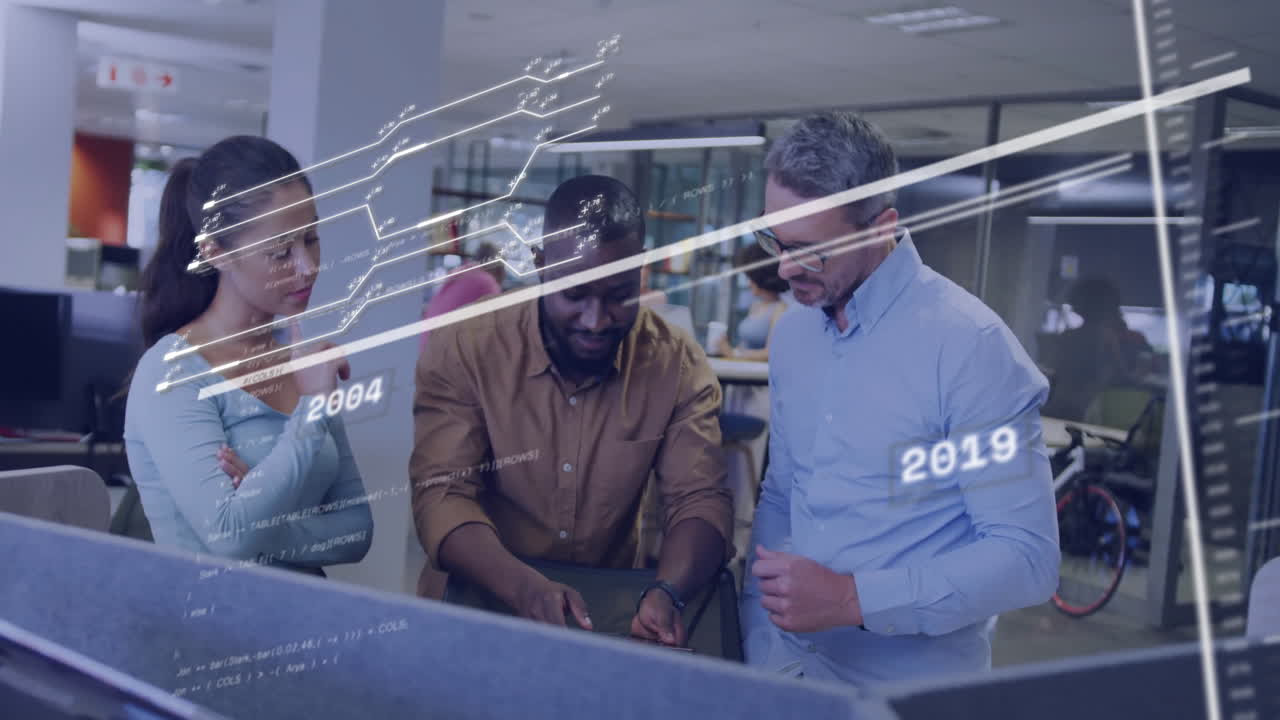 Animation of financial data processing over diverse colleagues working in office