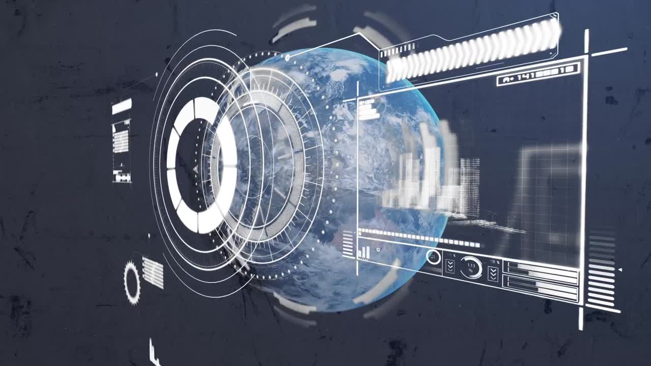 블랙 배경에 대한 지구 상의 아크 원자로와 인포그래픽 인터페이스의 애니메이션