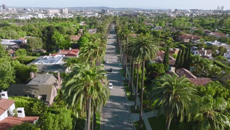 imágenes aéreas de drones de la hermosa calle beverly hills bordeada de palmeras en el soleado día de california