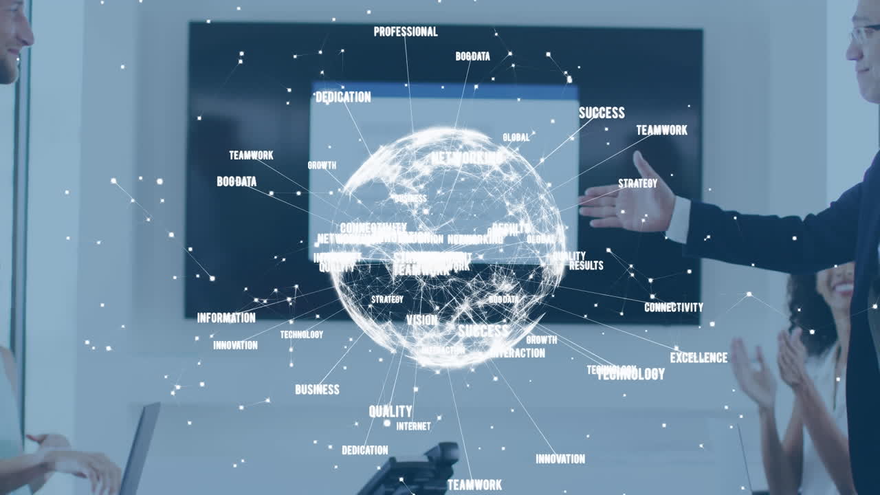 글로벌 네트워크와 비즈니스 용어의 애니메이션 다양한 사업가들이 회의에서 손을 흔들고 있습니다.