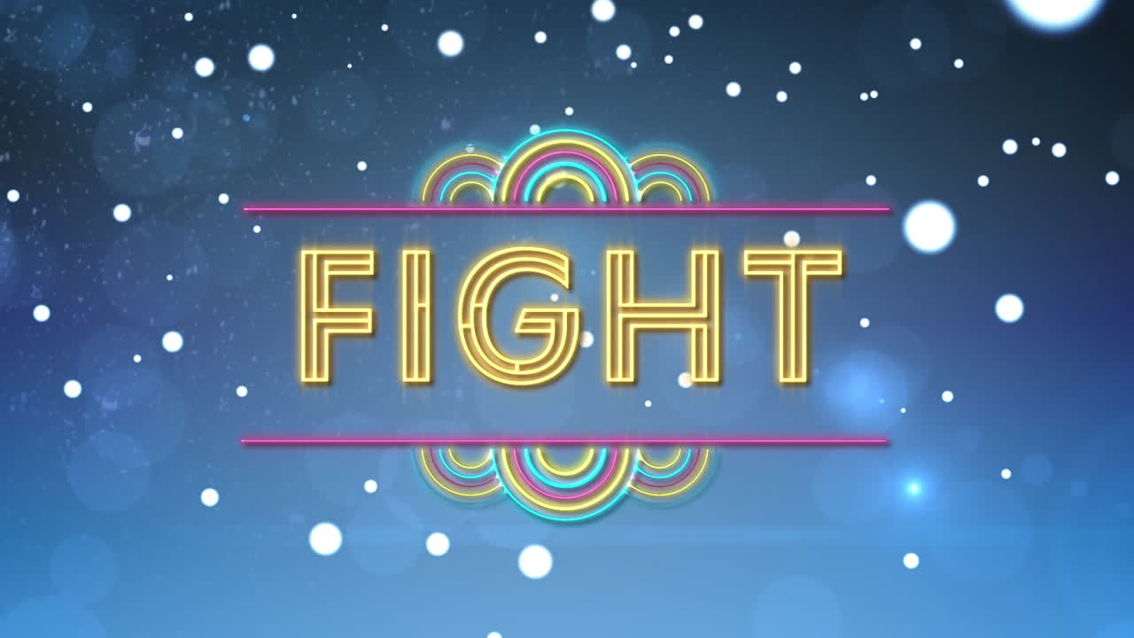 파란색 배경의 밝은 반점 위에 싸움 텍스트의 애니메이션