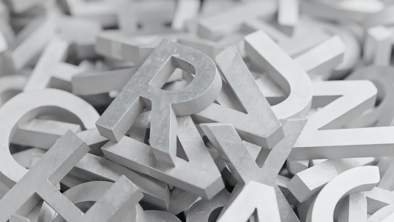 fotograma completo de primer plano en bucle con fondo giratorio lento de letras metálicas plateadas con enfoque selectivo